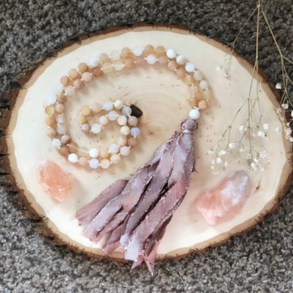 Pink White & Orange African Opal Mala Necklace